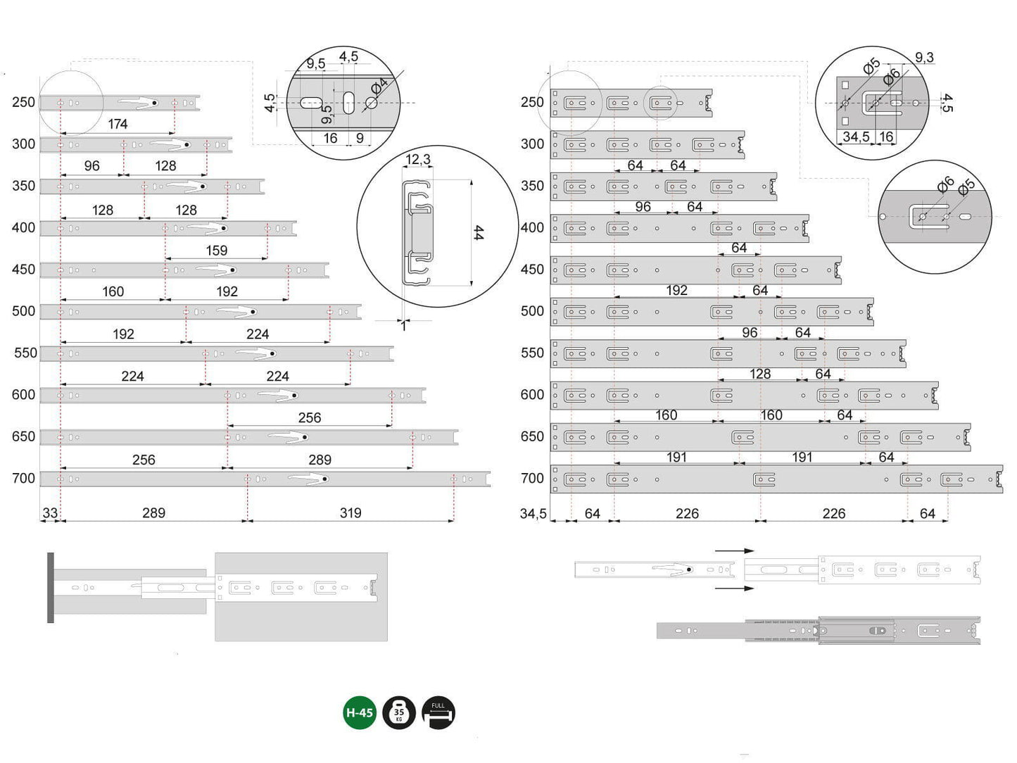 Schubladenauszug Schubladenschienen Vollauszug Kugelführung Teleskopschienen H45