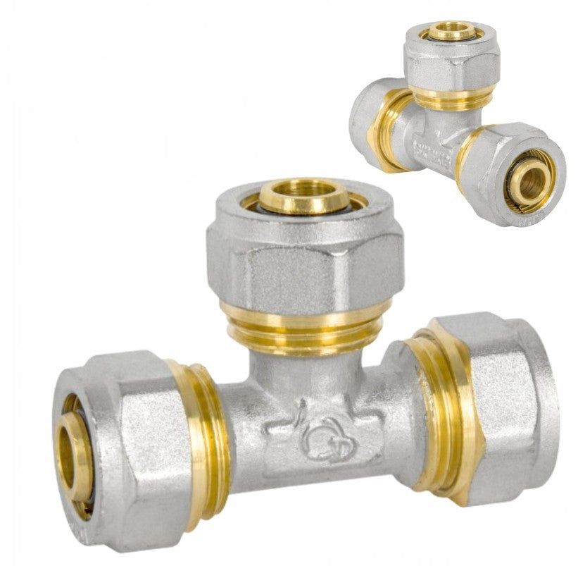 T-Stück Schraubfitting für Aluverbundrohr Klemmringverschraubung, Messing Vernickelt, DVGW Zertifiziert