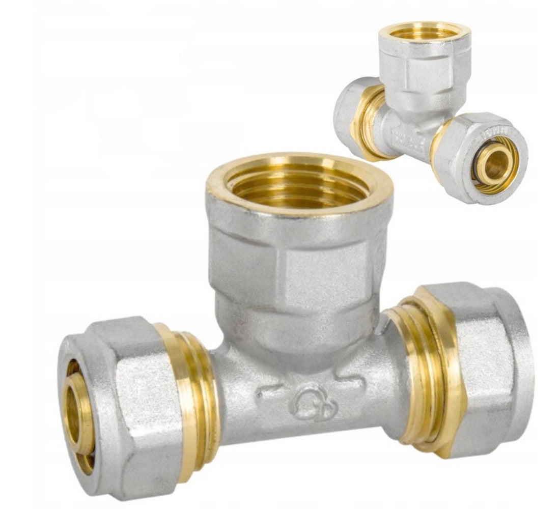 T-Stück Schraubfitting für Aluverbundrohr Klemmringverschraubung, Messing Vernickelt, DVGW Zertifiziert